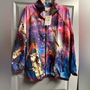 Funny Guy Creations Cats in Space nylon windbreaker NWT. Size Medium FUN! Y2K
